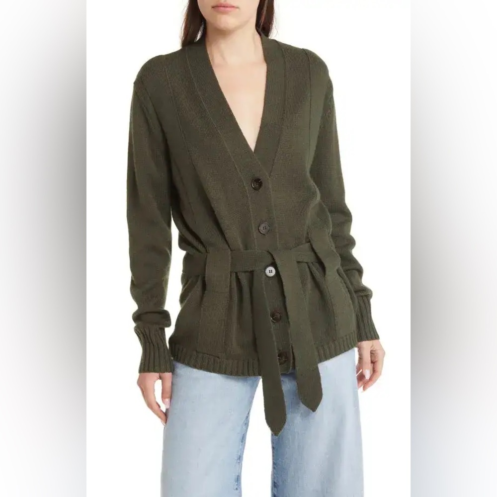 The GREAT. The Wayward Tie Waist Wool Blend Cardigan Green Women’s Size‎ 1